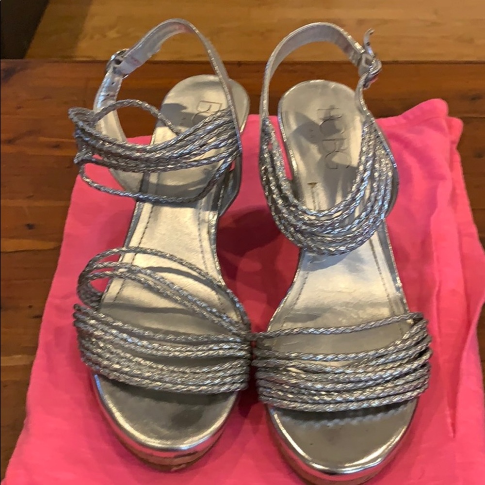 BCBG Silver Cork Wedges